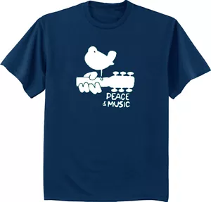 T-shirt uomo design Woodstock peace chitarra musicale t-shirt blu navy - Foto 1 di 1