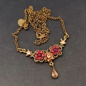 Michal Negrin Necklace Red Dainty Bib Y-Drop Pendant Floral Romantic Long VTG - Picture 1 of 15