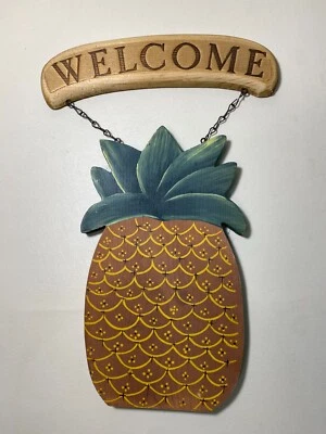 Arte de pared/puerta de piña de bienvenida hecho a mano de madera vintage 15" x 10" Foto 1 de 4