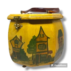 Vintage Octagonal Wooden Purse-Lucite Top Handle-Decoupaged Town Village Scene - Picture 1 of 12