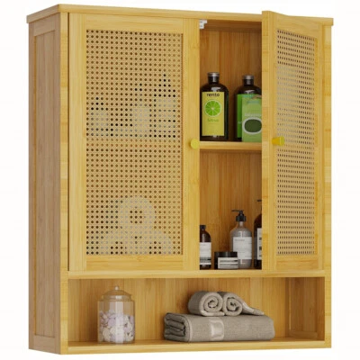 Bathroom Wall Cabinet Bamboo Storage Organizer Medicine Cabinet 2 Rattan Doors - Image 1 of 4