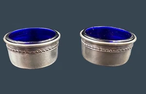 2 Sterling  & Cobalt Blue Glass Salt Cellars Vintage Melted Butter Condiments - Picture 1 of 9
