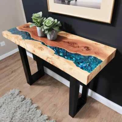 Console Table Narrow, Blue Epoxy Resin River Console Table, Rustic Console Table - Image 1 of 4