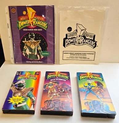 Power Rangers Lot of 3 VHS, Color/Activity Book #1 and 1995 Glow Sticker Sheets - Image 1 of 4