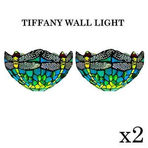 Pair of 2 Tiffany Style Wall Lamps 12" Stained Glass Handcrafted Art Uplighter - Picture 1 of 8