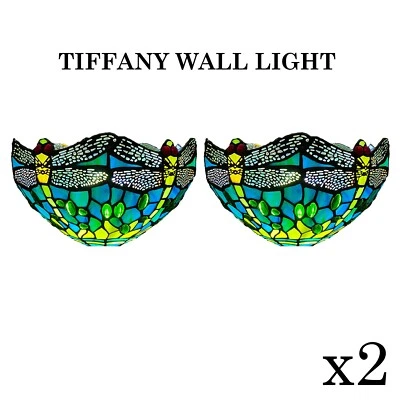 Pair of 2 Tiffany Style Wall Lamps 12" Stained Glass Handcrafted Art Uplighter - Image 1 of 4