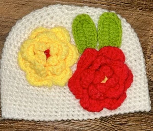 Sweet Knit Hat for Youth with Flowers White Red Yellow & Green 7.5” x 6” - Picture 1 of 9
