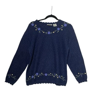 Northern Reflections Knit Sweater Blue Floral Embroider Vintage Grandma Core S - Picture 1 of 13