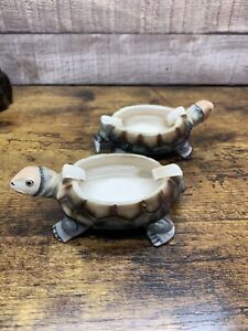 Vintage Set of 2 Porcelain Turtle Ashtrays