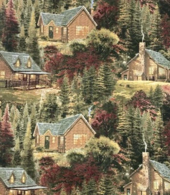 Thomas Kincade Fabric Log Cabin Forest 1 Yard Brown Green Mauve A4 - Image 1 of 4