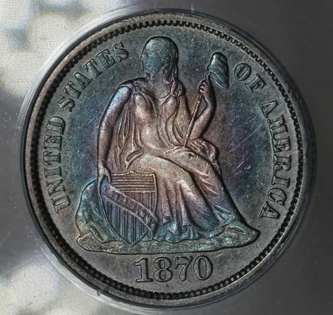 1870 ANACS AU55 Liberty Seated Dime, 10C, 1800's Dime, LS Dime, Lib Dime Cover