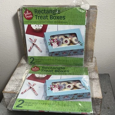 Lot of 2 Sweet Treats Baked Goods Rectangle Treat Boxes X-mas Owls 2 Each Set - Image 1 of 4