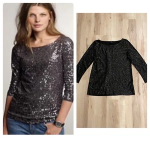 J Crew Boatneck Sequin Top Size S Black 3/4 Sleeve Holiday Party - Picture 1 of 6