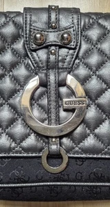 Genuine Vintage Guess Black Monogram Handbag With Gunmetal Grey Quilted Flap - Picture 1 of 7