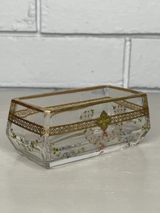 Moser Karlsbad Clear Glass Trough Vase Czech Bohemian Gold Gilt Enamel Florals - Imagen 1 de 11