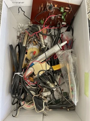 Vintage Electronics Parts Lot Soldering Tools Wires Components Hobby Kit - Image 1 of 4