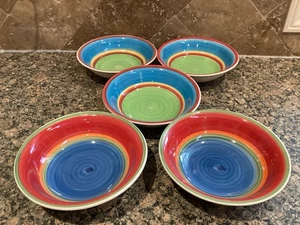 Set Of 5 Royal Norfolk Mambo Striped Stoneware Cereal/Soup 7 1/4” Bowls - Picture 1 of 3