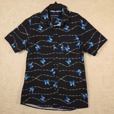 Just Attitude Shirt Men’s Sz Med  Blue Butterfies And Barbed Wire Button Up - Image 1 of 4