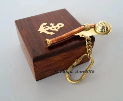 Nautical Brass Bosun Whistle Maritime Key Chain With Wooden Box Nautical Gift - Image 1 of 2