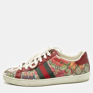 Gucci Red GG Floral GG Canvas and Leather Ace Low Top Sneakers Size 37.5 - Picture 1 of 1
