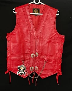 Men's Red Original Leather Vest Chain Concho Motorcycle Biker Waistcoat New - Picture 1 of 5