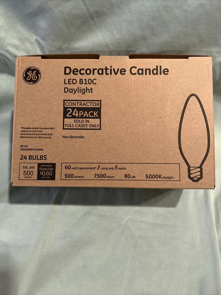 24 Pack GE Daylight LED B10C Candelabra Base Bulbs 60W EQ 5W Decorative Candle - Image 1 of 4