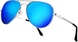 Blue Lens Silver Metal Framed Aviator Sunglasses Fashion UV400 Protection - Picture 1 of 1