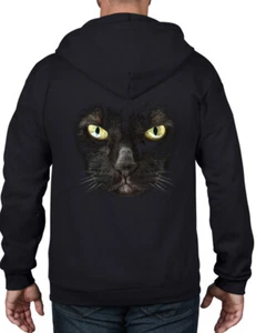 BLACK CAT FULL ZIP HOODIE - Goth Halloween Witch Cats T-shirt Witches - Picture 1 of 1