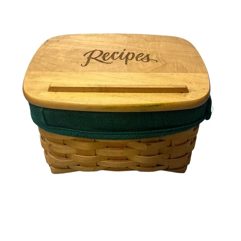 Signed LONGABERGER RECIPE BOX, INSERT, RECIPE CARDS & LINER Handmade Baskets '01 Cover