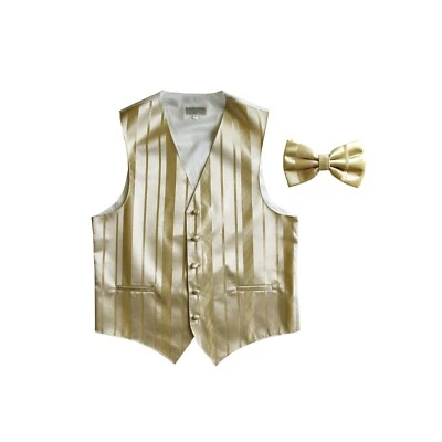 New Men's Tuxedo Vest Waistcoat Stripes Bowtie formal wedding Beige Champagne - Image 1 of 3