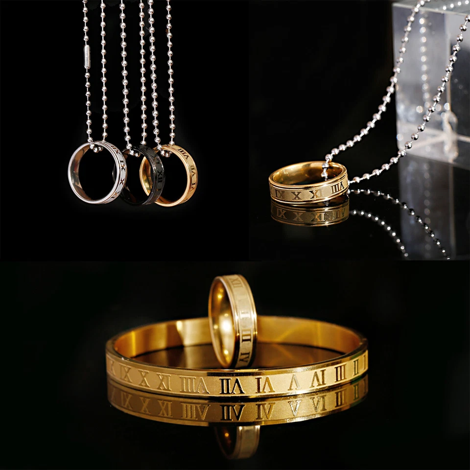 3Pcs Roman Numeral Stainless Steel Ring Bangles Chain Necklace Bracelet Jewelry - Image 1 of 4