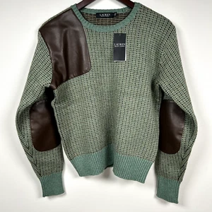 Lauren Ralph Lauren Womens M Crewneck Equestrian Sweater Green Brown Elbow Patch - Picture 1 of 20
