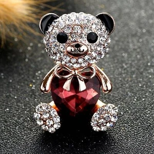 Teddy Bear Brooch | Heart Bowknot Crystal Rhinestones Bear Pin Lucky Cha… - Picture 1 of 4