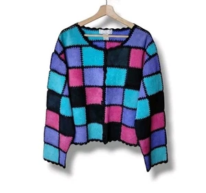 Vintage 90s S.M.H. Patchwork Suede Jacket 2X Crochet Trim Multicolor Boho Lined - Picture 1 of 8