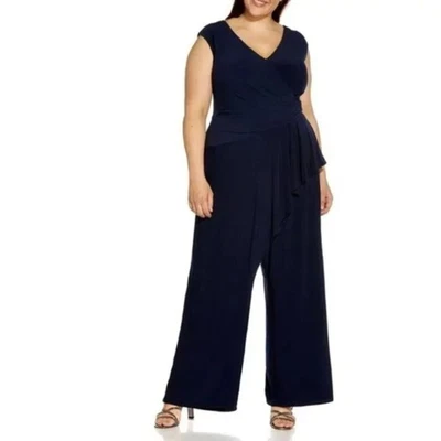 Adrianna Papell Sleeveless Formal Pantsuit Cascade Draped Plus SZ 20W Navy Blue - Image 1 of 4