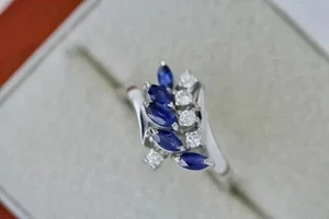 2.50 Ct Marquise Lab Created Blue Sapphire Engagement Ring 14K White Gold Plated - Picture 1 of 5