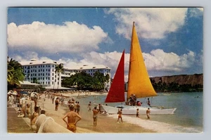Postal de recuerdo Waikiki HI-Hawaii, catamarán, antigua, vintage - Imagen 1 de 2