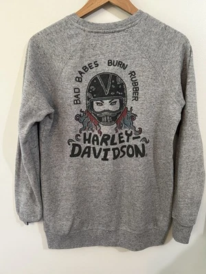 Harley Davidson BAD BABES BURN RUBBER Crew Sweatshirt (Women's Small) Gray - Image 1 of 4