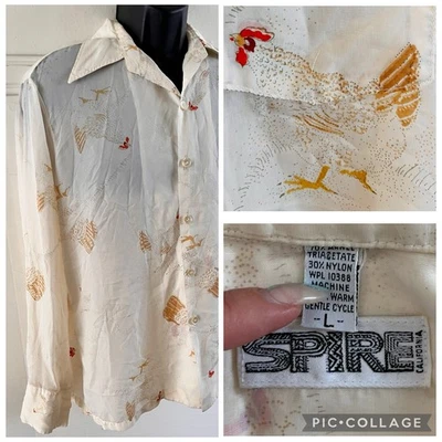 Camisa DE COLECCIÓN AÑOS 70 SPIRE Disco L/S Marfil Semi Transparente Poli AOP POLLO 🐓 Talla Grande Foto 1 de 4