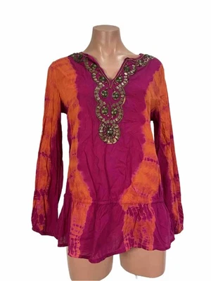 Michael Kors Women’s Beaded Sequin Blouse Long Sleeve Pink Orange Boho Size M - Image 1 of 4