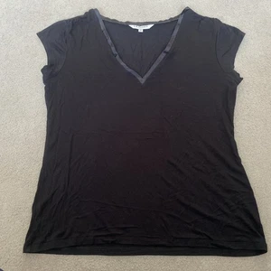 L. K. Bennett Women’s Black Top Size M. V- Neck Satin Trim Top - Picture 1 of 8