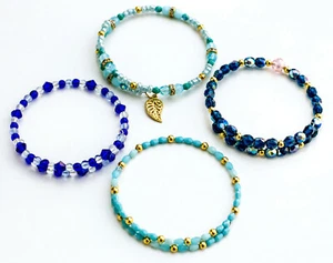 Fashion Lot of 4 Turquoise-Color & Blue Wire bead Single wrap bracelets. nwot. - Picture 1 of 3