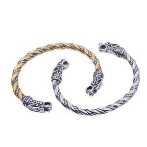 Brazalete brazalete cabeza de lobo vikingo nórdico de acero inoxidable de 7 pulgadas para hombre - Imagen 1 de 9