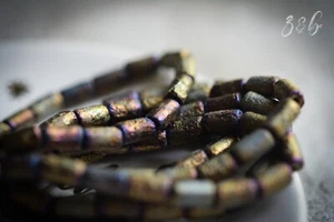 12 Rusty Bits - Black, Etched Metalic Gold, Purple Luster, Czech Glass, Tubes - Picture 1 of 7