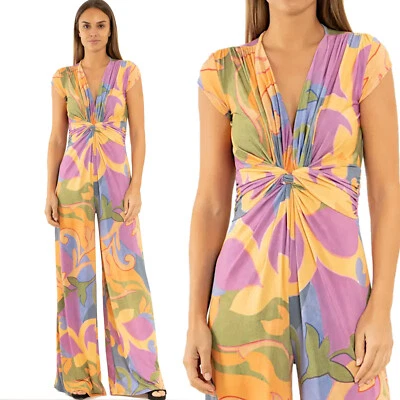 Eleganter Palazzo Bedruckter Knoten Kurzarm V-Ausschnitt Jumpsuit APPST2 - Bild 1 von 3