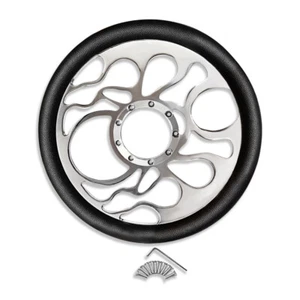 Flamed Style Universal 14" Billet Chrome 9 Holes Steering Wheel w/ Black Leather - Picture 1 of 7