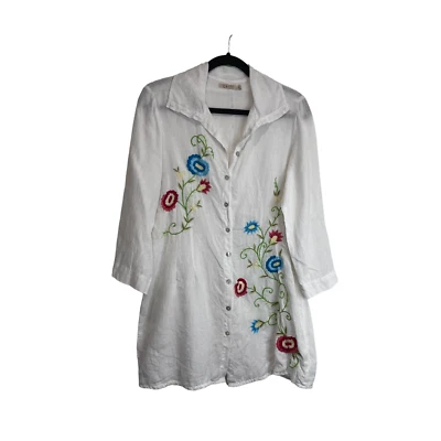 Túnica Caite By Athleta blanca floral bordada 100 % lino abotonada para mujer S Foto 1 de 4