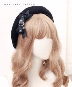 Girls Black Cap Cartoon Kuromi Beret Lolita Bow JK Brimless Hat Birthday Present - Picture 1 of 13