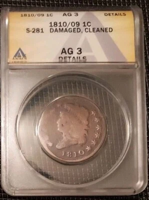 Rare Hard To Find!! 1810/09 Classic Head Large Cent S-281  ANACS AG-3 Details - Image 1 of 4