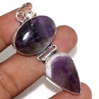 925 Silver Plated-Banded Amethyst Ethnic Long Handmade Pendant Jewelry 2.5" R160